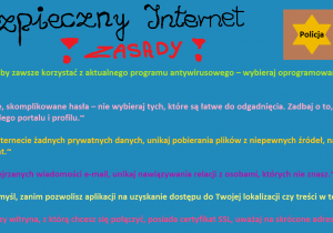 Plakat wykonany na komputerze zawierający wypunktowane hasła o bezpieczeństwie w sieci